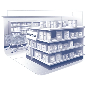 A grocery store aisle filled with shelves stocked with various products. In front of one shelf, there is a prominent "Sold Out" sign displayed. The sign is placed strategically at the center, drawing attention to the empty space where a popular snack product is usually located. The aisle is well-lit, and other snack items can be seen on the surrounding shelves, creating a sense of anticipation for shoppers. The floor is tiled, and shopping carts are visible in the background, suggesting the bustling activity of customers shopping in the store.