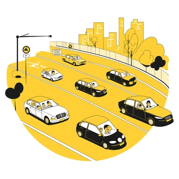 A view of a carpool lane filled with several cars driving closely together. Each car has multiple passengers inside, showcasing their shared ride during the busy rush hour. The vehicles are modern sedans and SUVs, all in black and white. A few trees line the side of the road, while traffic signs are visible in the background indicating the carpool lane. The atmosphere captures the typical hustle and bustle of a city during peak commuting times.