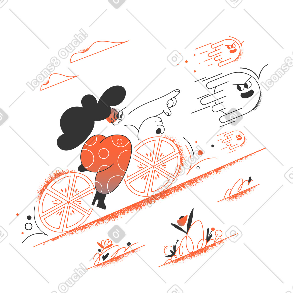 Ilustración Cyclist chasing ghosts, Fun error page or maintenance concept en estilo Crayon a descargar en PNG y SVG