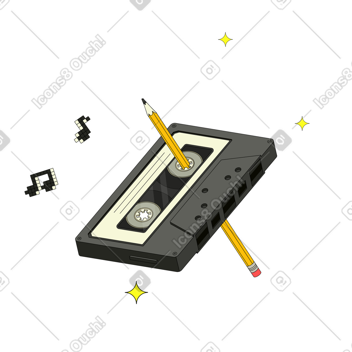 Pencil cassette tape from the 90s animated illustration in Retro style download in GIF, Lottie (JSON), AE