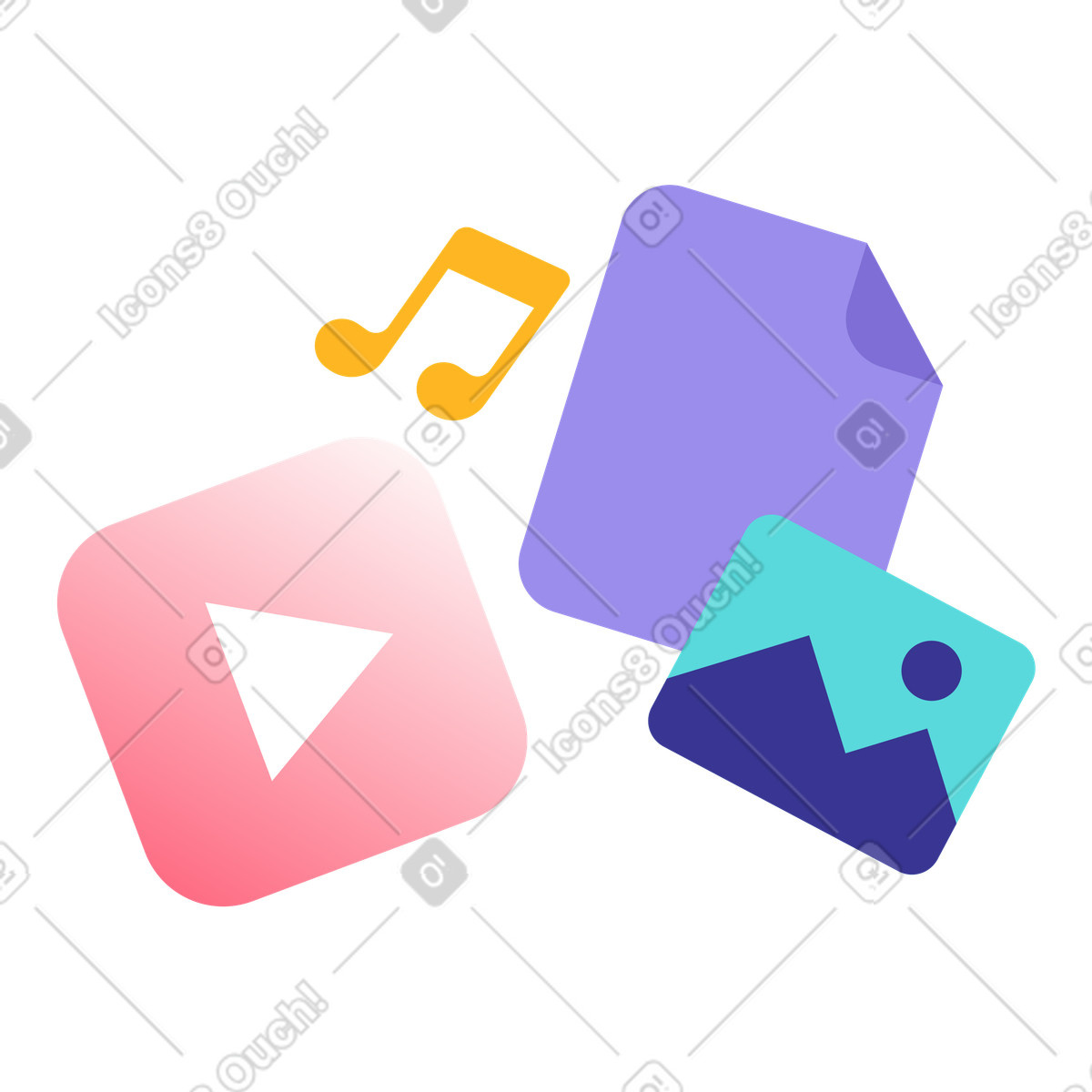 Ilustración Iconos de archivos multimedia, organización medios digitales, biblioteca contenido y activos digitales en estilo Bright a descargar en PNG SVG