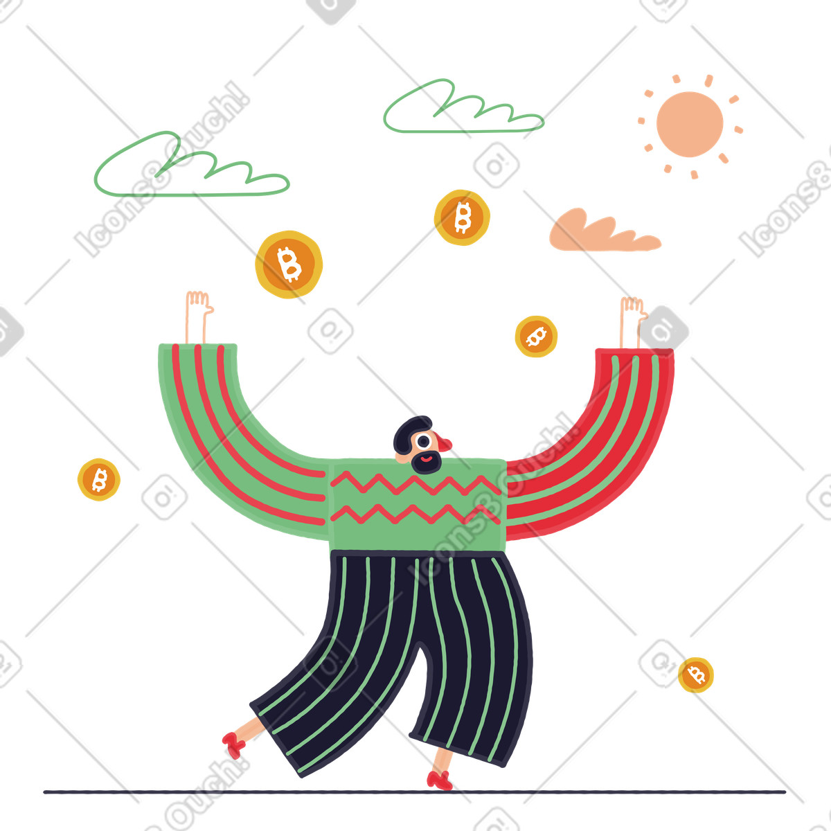 Der mann im bitcoin-regen-Illustration Stripy-Stil als Download in PNG, SVG