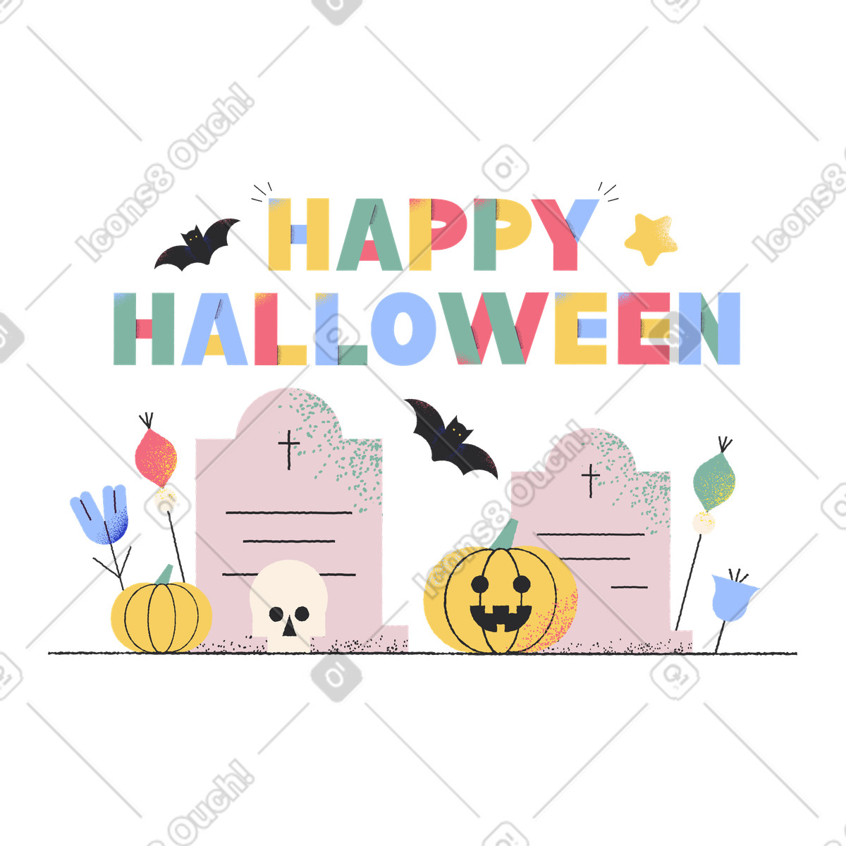 Иллюстрация Надпись happy halloween с надгробиями и тыквами в стиле Pablo — скачать в форматах PNG, SVG