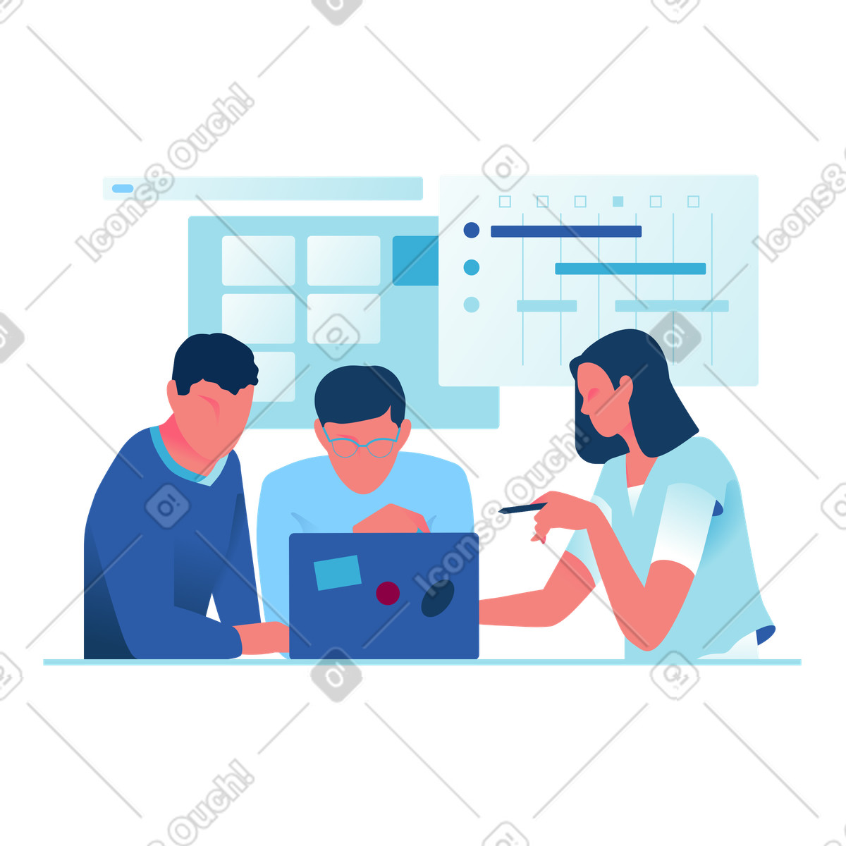 Team working on a project together animated illustration in Daily style download in GIF, Lottie (JSON), AE