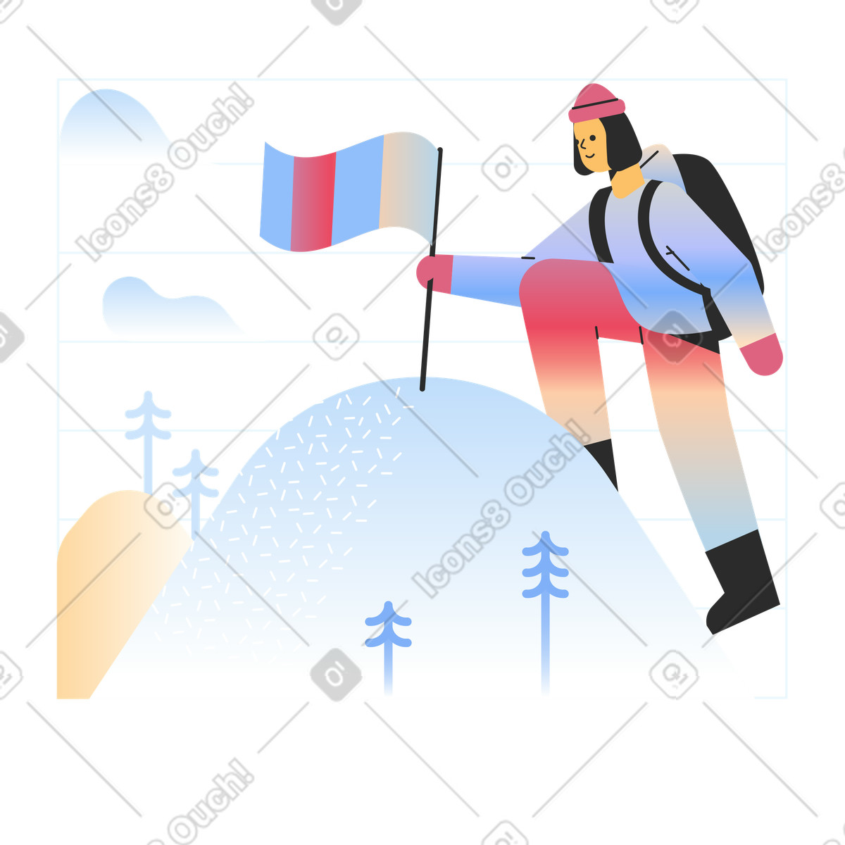 下载 Marginalia 风格的 在白雪覆盖的山顶上放置旗帜的女人 插画，支持 PNG、SVG 格式