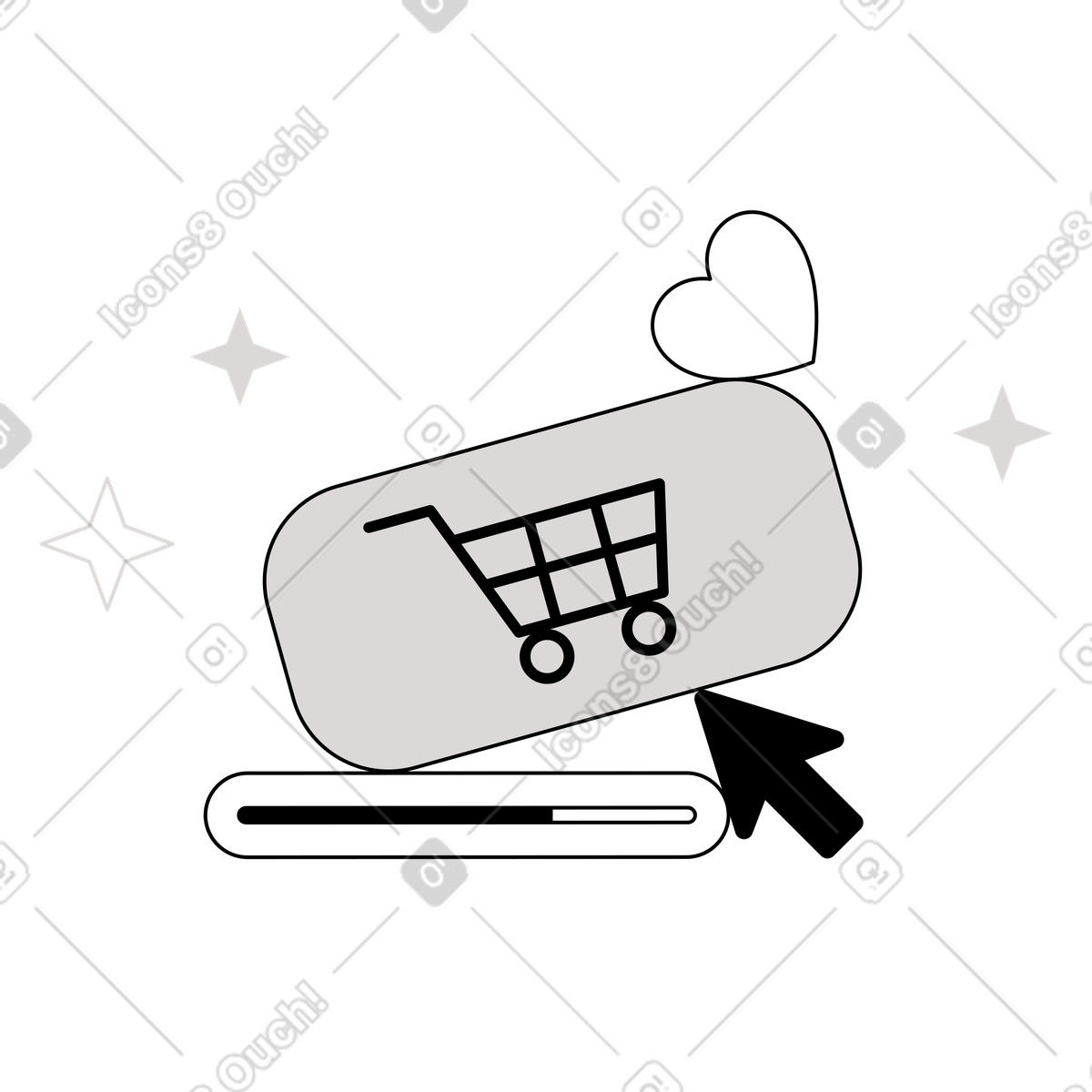 Shopping cart button, loading bar, and cursor, E-commerce checkout process illustration in Shade style download in PNG, SVG
