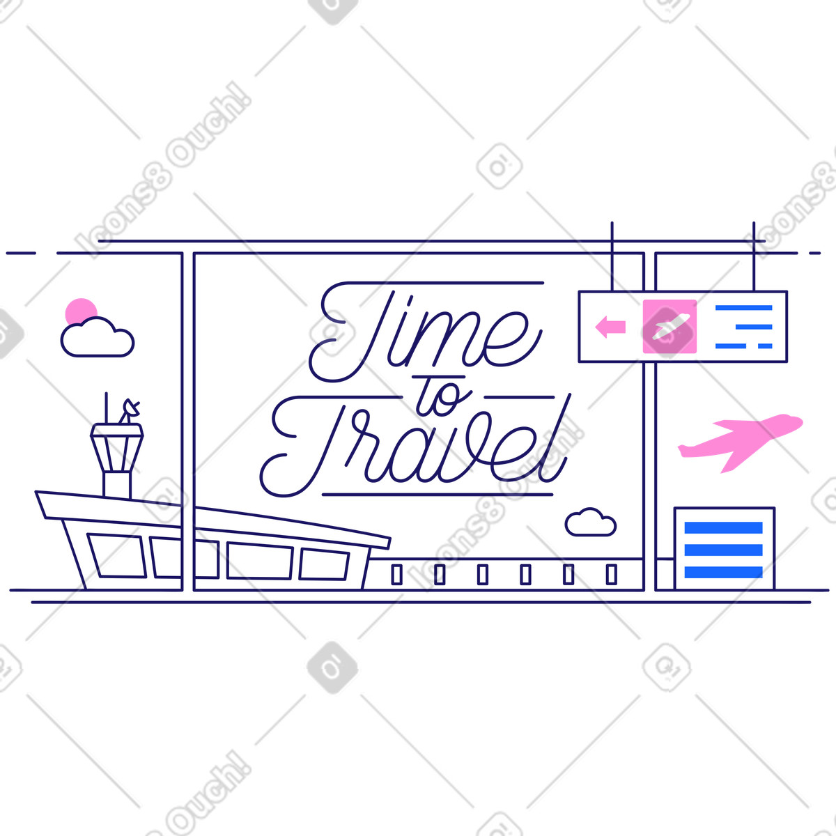 Scritta time to travel con finestra che si affaccia sul testo dell'aeroporto illustrazione in stile Matey scarica in PNG, SVG