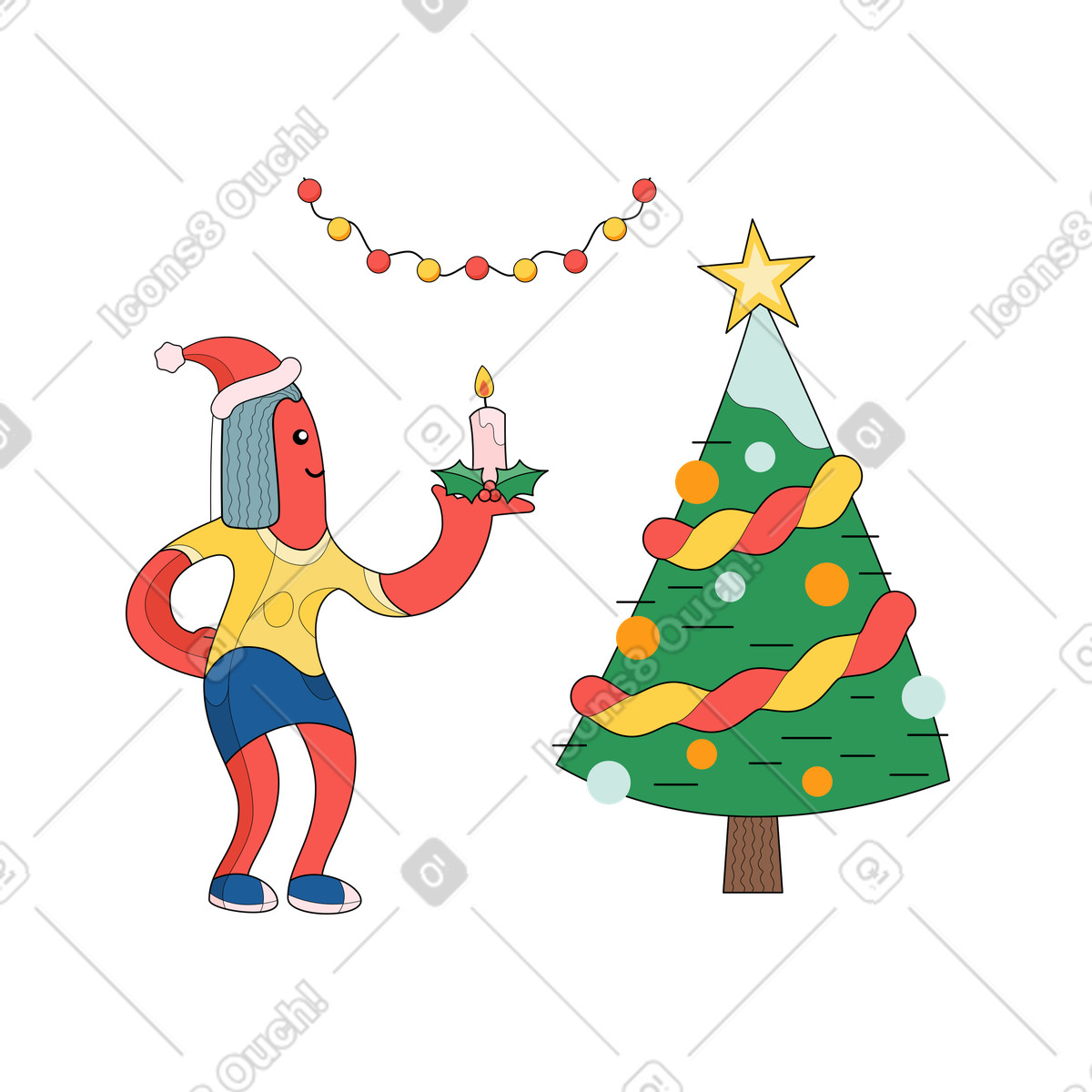 Donna vicino all'albero di natale con umore natalizio illustrazione in stile Surr scarica in PNG, SVG