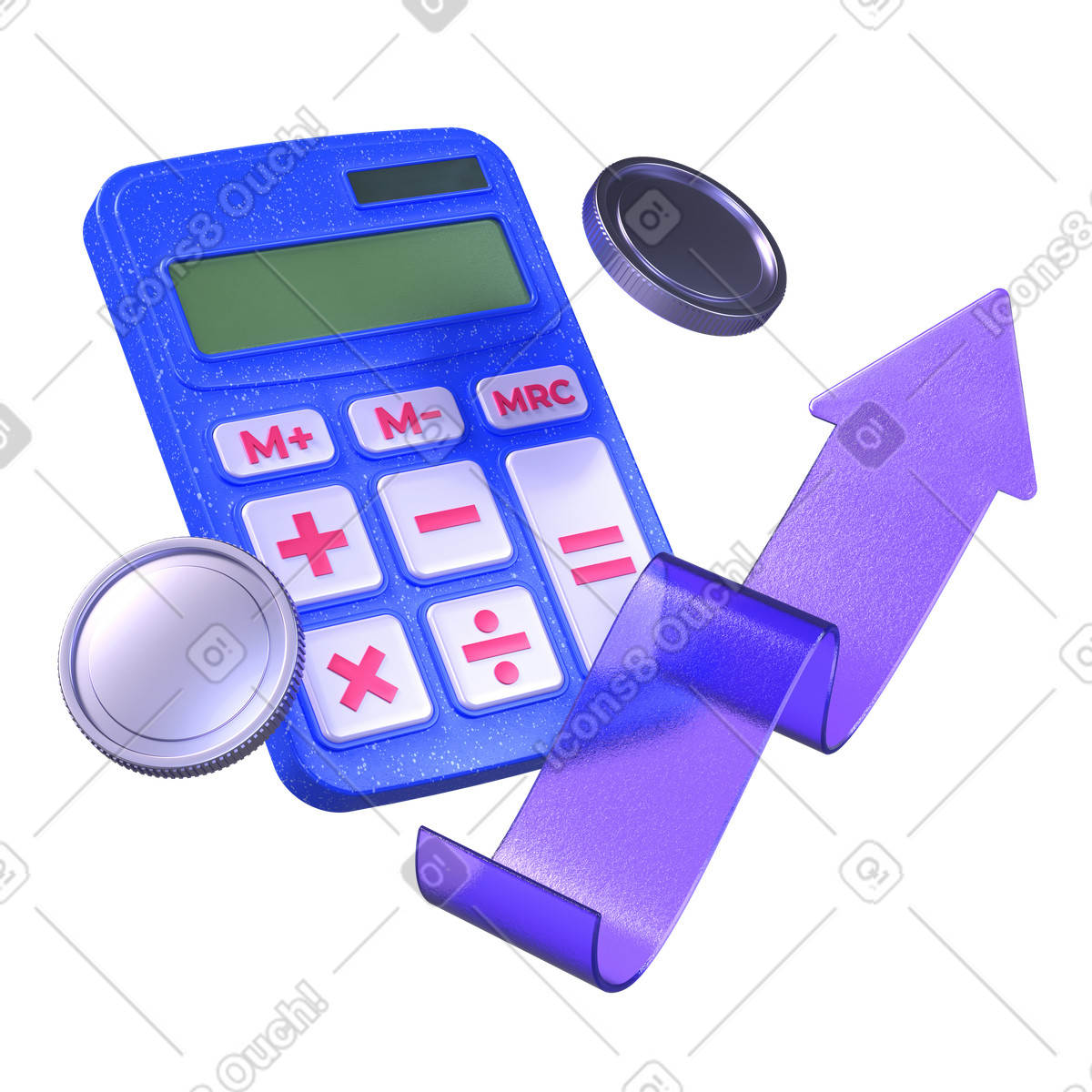 Ilustración Finance growth with calculator and coins en estilo 3D Boost a descargar en PNG y SVG