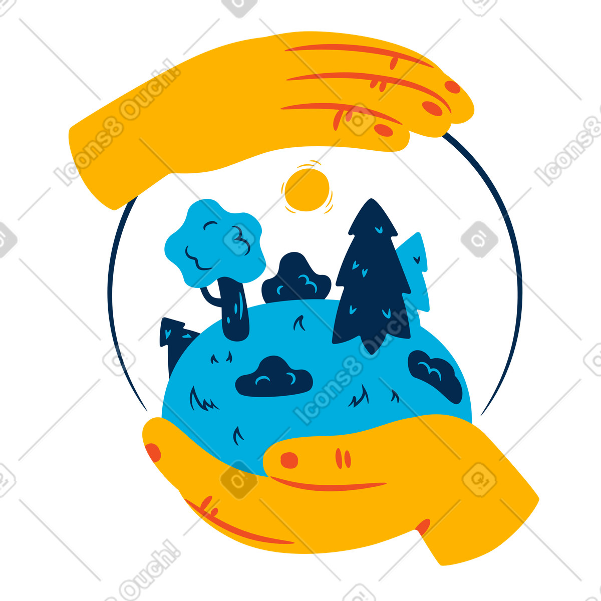 Hands sheltering forest landscape, Ecology awareness and environmental care illustration in Flame style download in PNG, SVG