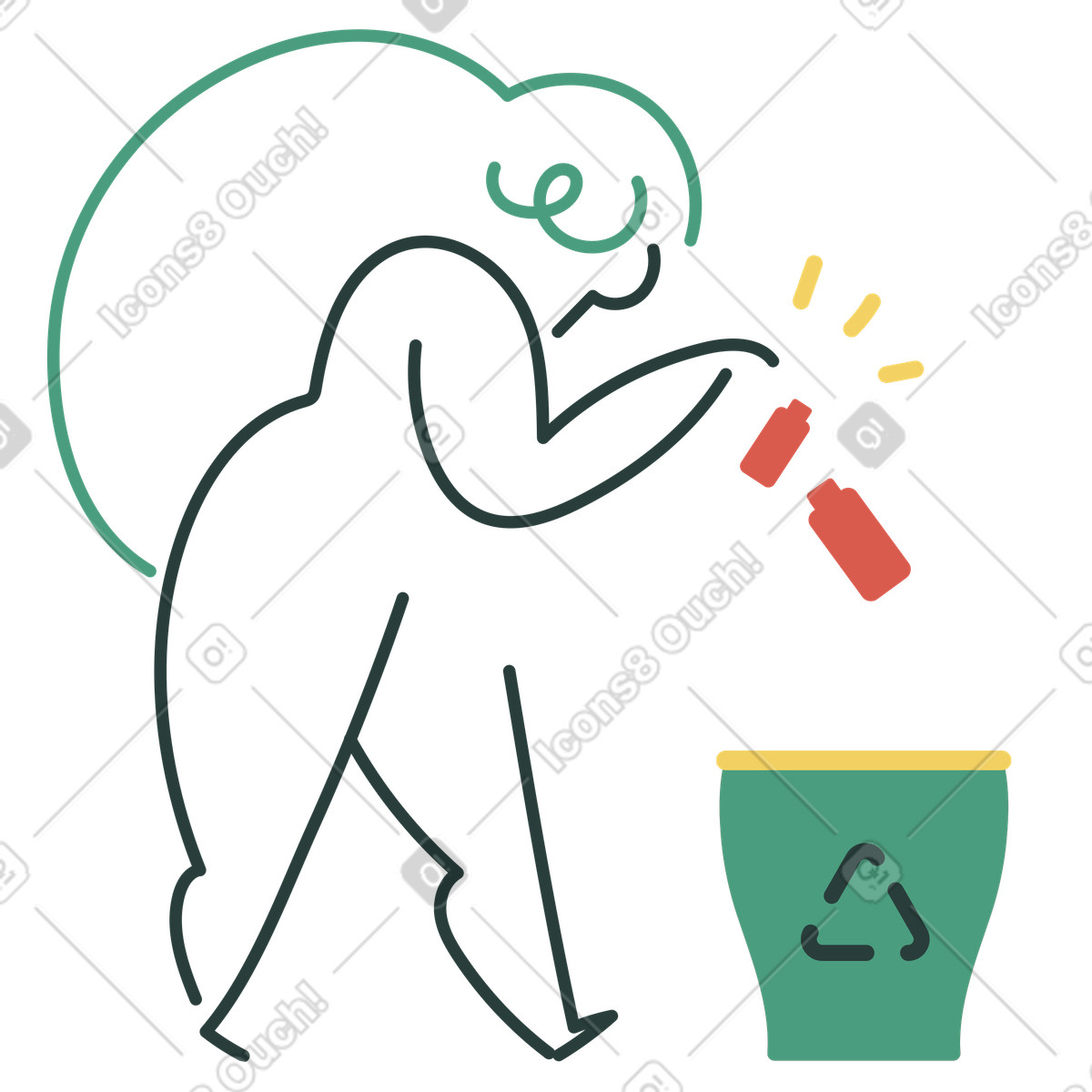 Macaroni スタイルの Putting plastic waste in recycle bin, Eco-friendly lifestyle and responsible disposal のイラストをPNG、SVG形式でダウンロード