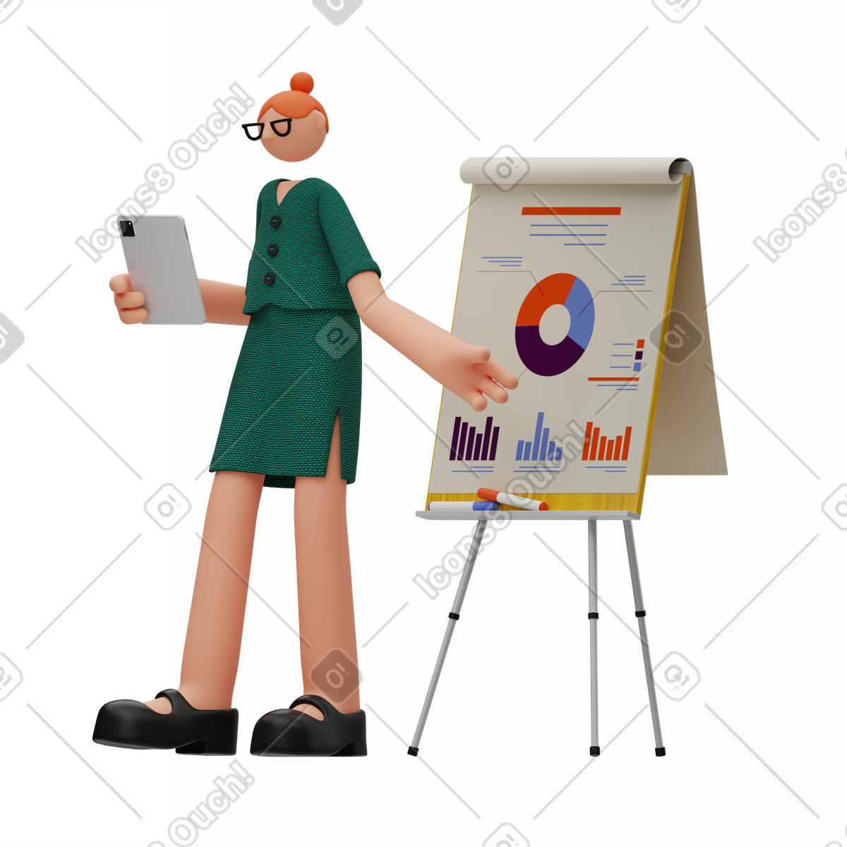 Woman with flipchart and tablet presenting infographics animated illustration in GIF, Lottie (JSON), AE