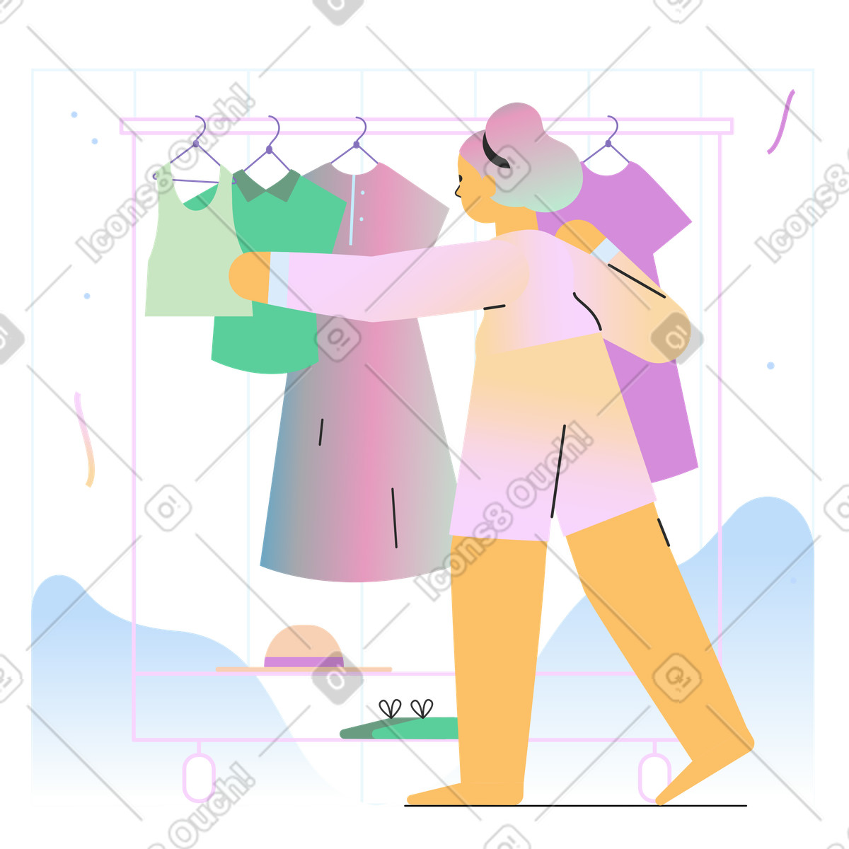 Ragazza in piedi vicino a appendiabiti illustrazione stile Marginalia scarica PNG, SVG