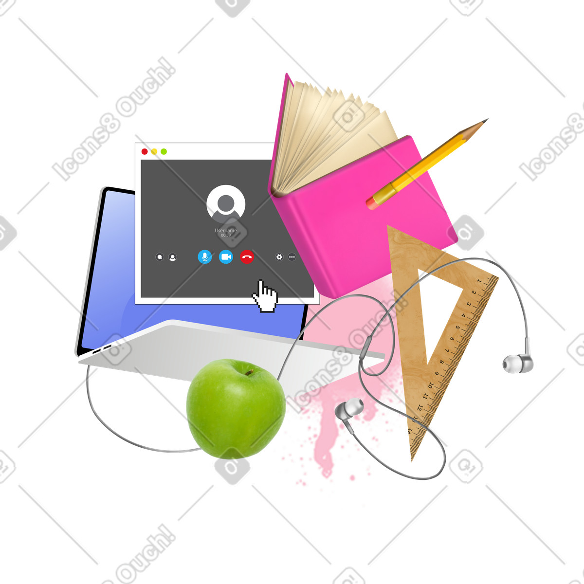 Ilustración Computadora portátil, material de oficina, refrigerios y audífonos para educación en línea estilo Jumble a descargar PNG SVG