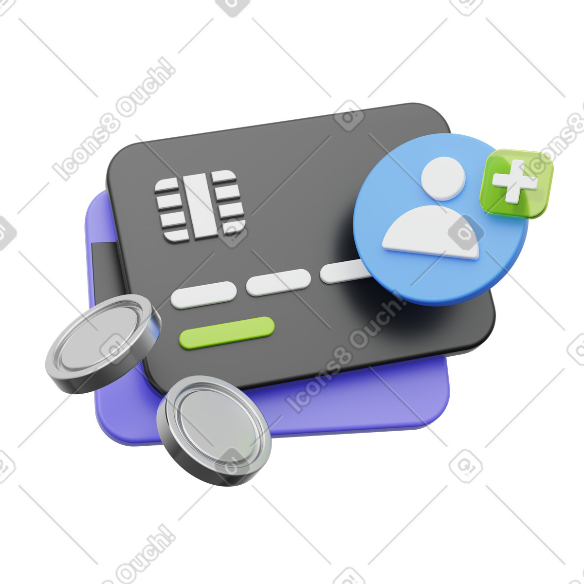 Credit cards with user icon and coins, Payment account, Digital wallet illustration in PNG, SVG