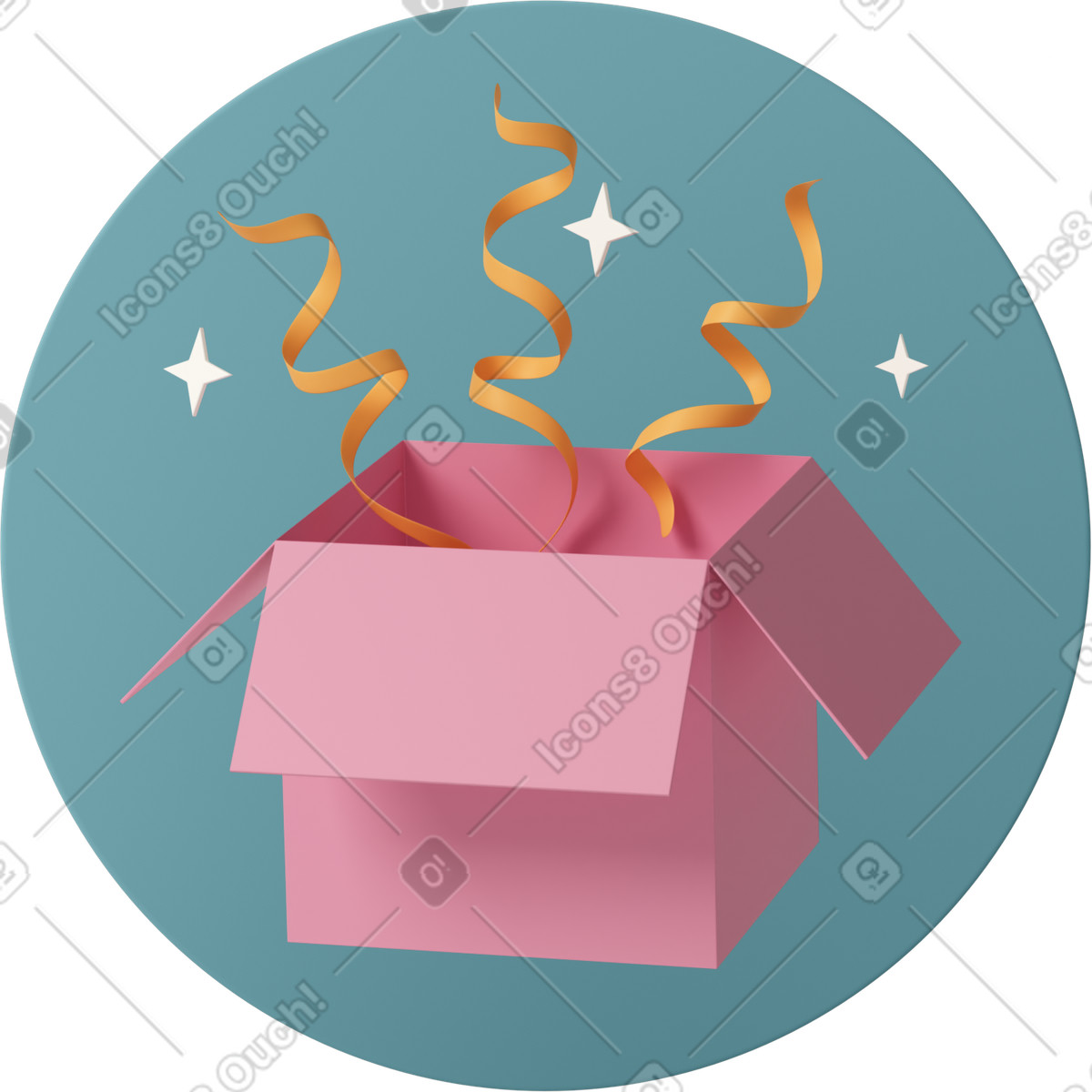 下载 3D Casual life 风格的 Open gift box with gold streamers, surprise and celebration 插画，支持 PNG、SVG 格式