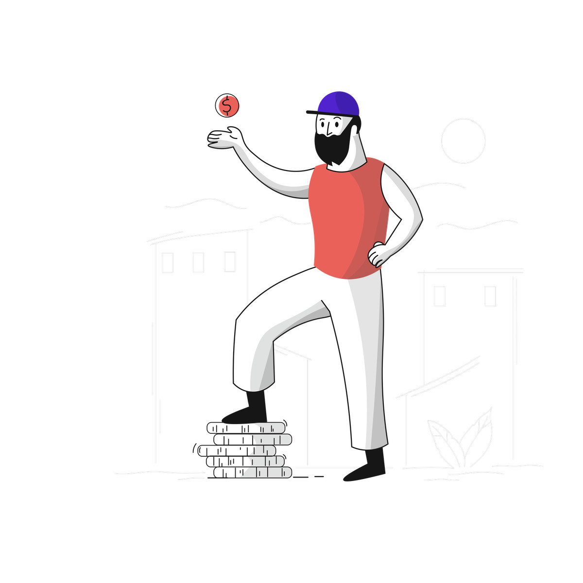 Standing on coin stack, wealth and earnings illustration in PNG, SVG