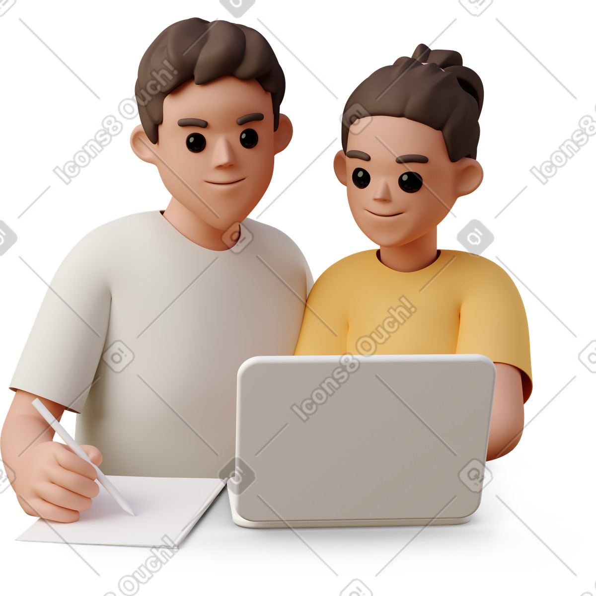 下载 3D Casual life 风格的 Boy and girl working on computer 插画，支持 PNG、SVG 格式