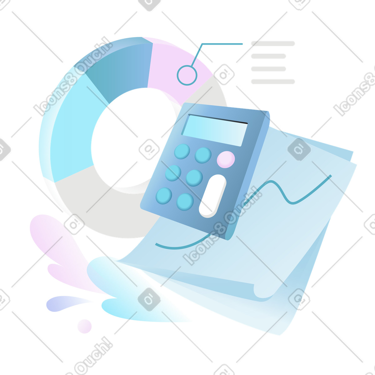 Pie graph and calculator with trend sheet, Data analysis and reporting illustration in Airy style download in PNG, SVG