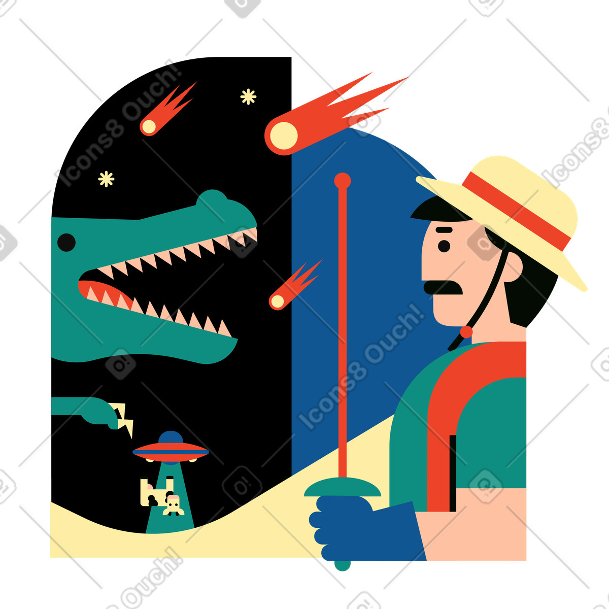 Ilustración Hombre luchando contra monstruos durante una invasión extraterrestre en estilo Polar a descargar en PNG y SVG