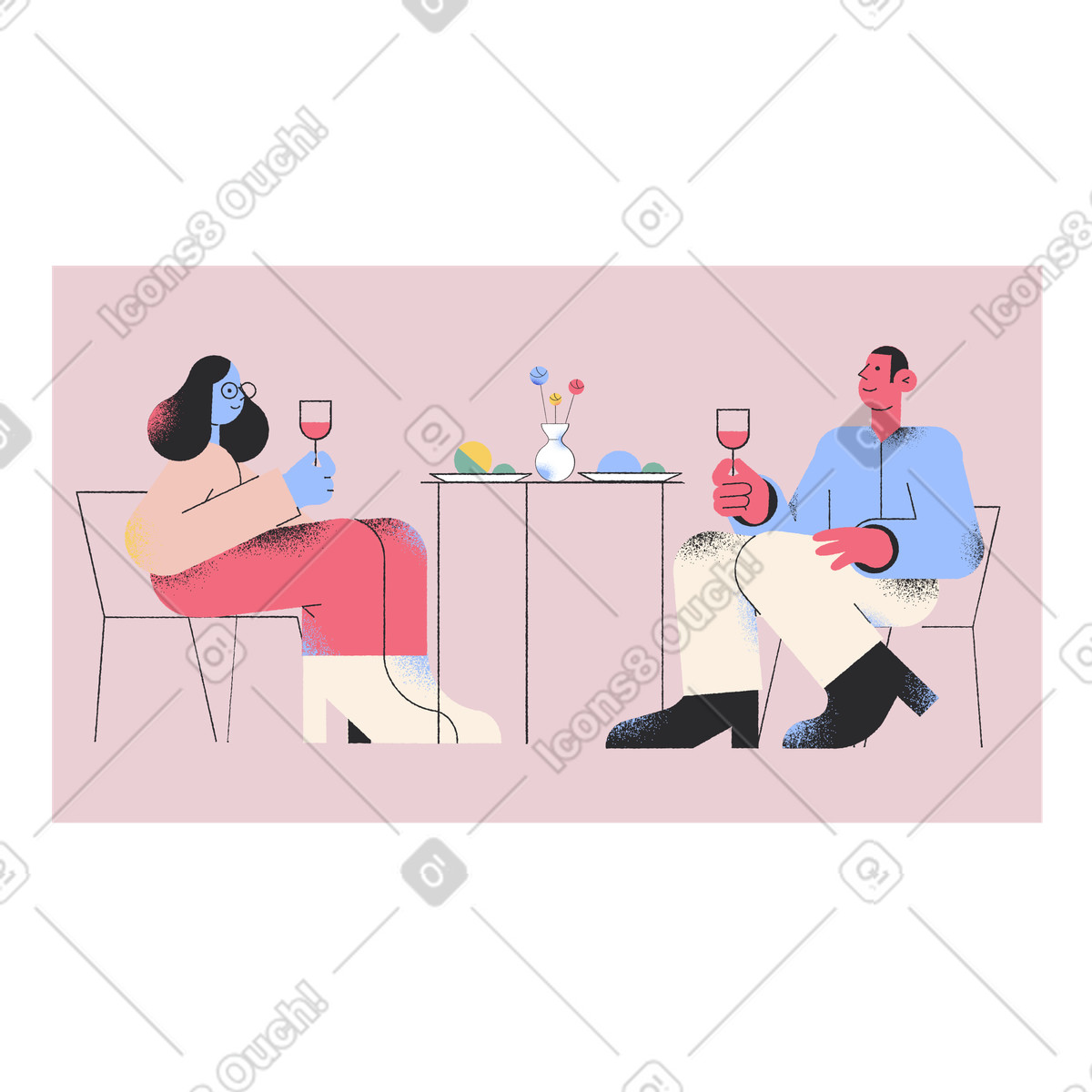 Man and woman drinking wine on a dinner date illustration in Pablo style download in PNG, SVG