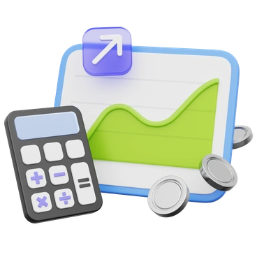 A calculator and a graph with coins - 3D Playful style illustration