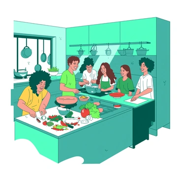 A teal kitchen is bustling with activity as a group of people enthusiastically cooks together. In the foreground, a man with curly hair is chopping colorful vegetables on a white cutting board, while a woman with long brown hair stirs a pot on the stove. On the counter, there are bowls filled with fresh ingredients, and a group of people is gathered around a large island, sharing laughs and tips. The walls are adorned with hanging pots and pans, and there are bright utensils scattered across the workspace, contributing to the vibrant atmosphere of the cooking class.