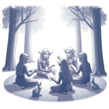 A group of elves gathered together in a forest clearing. They are seated in a circle on the grass, surrounded by tall trees that create a natural canopy overhead. Each elf has distinct features, with pointed ears and intricate clothing that appears to be made from natural materials. They are engaged in a serious discussion, with some elves taking notes on parchment, while others are gesturing animatedly. In the background, soft rays of sunlight filter through the leaves, creating a dappled effect on the ground. A few woodland creatures, such as rabbits and birds, observe the gathering from a distance.