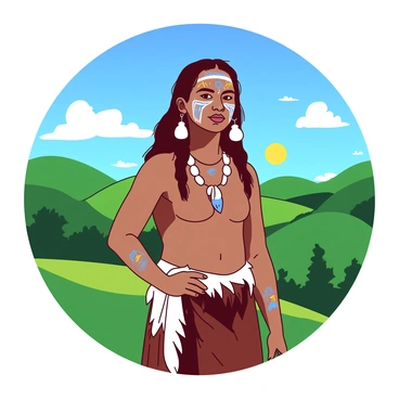 A person adorned with intricate tribal face paint in vibrant patterns and colors is standing confidently in front of a lush green landscape. The individual is wearing traditional attire that complements the face paint, with textured fabrics and natural elements like feathers. In the background, there are rolling hills under a bright blue sky, dotted with fluffy white clouds. The sun is setting, casting a warm glow over the scene and creating a serene ambiance around the person.