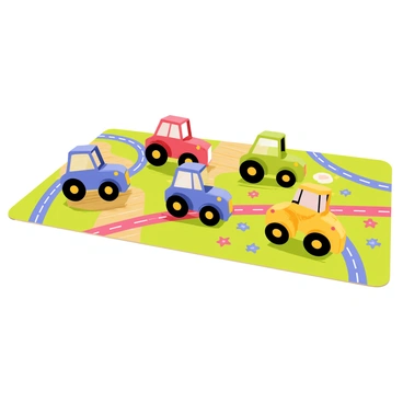 A collection of toy tractors in various bright colors, including red, blue, green, and yellow. The tractors are arranged neatly on a child's play mat that features a colorful landscape with roads, fields, and playful designs. Each tractor has distinctive features, such as large wheels and headlights, and they are positioned in different spots on the mat, creating a lively scene. The play mat is filled with vibrant patterns that enhance the playful atmosphere.