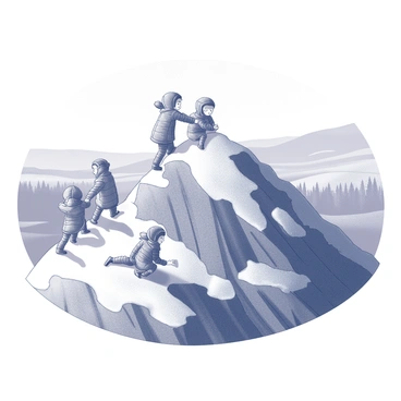 A group of children climbing a snow-capped mountain. They are dressed in winter gear, with thick jackets and hats. The children are in various poses; some are pulling themselves up using their hands, while others are looking down at the valley below. The mountain's surface is rocky and rugged, with patches of snow scattered across the terrain. In the background, the valley stretches out, showcasing a sweeping landscape with trees and hills. The sky above is clear and expansive, enhancing the sense of height and adventure.