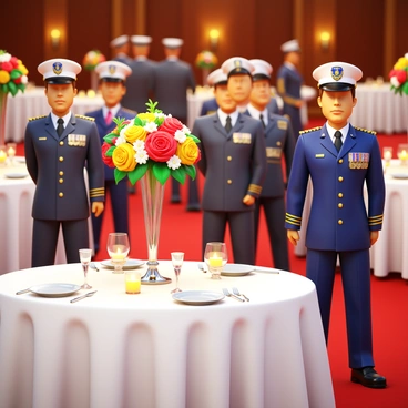 A formal event featuring elegantly decorated tables with white tablecloths, centerpieces of fresh flowers in crystal vases, and flickering candlelight. Several firefighters in polished dress uniforms stand proudly among the tables, showcasing their medals and insignia. The room has a refined atmosphere, with soft lighting enhancing the decor. The tables are set with fine china, gleaming silverware, and glassware, creating an inviting and sophisticated setting.