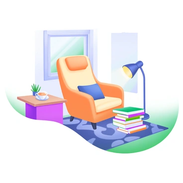 A cozy reading corner featuring a plush, comfortable office chair with soft cushions in a warm color. The chair is positioned next to a small wooden side table holding a steaming cup of tea. A stack of books, with various colorful covers, is neatly piled beside the chair. A small floor lamp with a soft glow illuminates the area, casting a warm light on the reading space. A patterned rug lies under the chair, adding to the warmth of the corner. A window nearby allows natural light to filter in, suggesting a peaceful atmosphere for reading.
