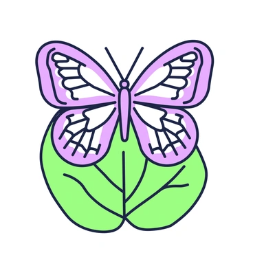 A symmetrical butterfly is perched on a green leaf. The butterfly has two wings, each displaying intricate patterns that mirror each other. The wings are decorated with detailed designs, including shapes and lines that create an ornate appearance. The body of the butterfly is slender and elongated, connecting the wings at the center. The leaf beneath it has visible veins and a rich texture, providing a natural setting for the butterfly.