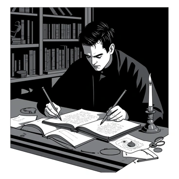 Victor Frankenstein is sitting at a wooden desk in a dimly lit study, his face illuminated faintly by a single flickering candle. He has dark, tousled hair and a look of intense concentration as he writes fervently in a large leather-bound notebook. The pages of the notebook are filled with handwritten notes and sketches of anatomical diagrams. Surrounding him are scattered books and scientific instruments, indicative of his obsessive research. The walls of the study are lined with dark wooden shelves filled with dusty tomes, and the atmosphere is heavy with an air of secrecy and determination.
