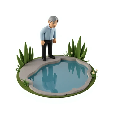 An older person with gray hair and deep-set wrinkles stands at the edge of a tranquil pond. They are wearing a light blue shirt and dark trousers. The elderly individual gazes thoughtfully into the water, which reflects a younger version of themselves with smooth skin and vibrant hair. The scene captures the contrast between the two reflections, highlighting the passage of time. Surrounding the pond are lush green plants and a few delicate flowers, adding life to the serene setting.