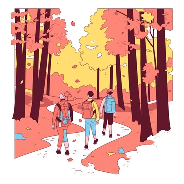 A group of hikers is walking along a winding path through a forest. The trees are tall and dense, with a mix of vibrant orange and yellow leaves creating a kaleidoscope above. Leaves are gently falling around them, catching the light as they drift down. Each hiker is dressed in colorful outdoor gear, and they carry backpacks as they navigate the trail. The ground is carpeted with a layer of fallen leaves, adding to the rich colors of the scene. The hikers are engaged in conversation, enjoying the beauty of the autumn day.