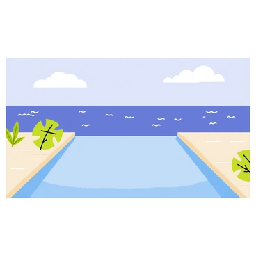 A rectangular infinity pool with a smooth surface, reflecting the sky. The pool's water seamlessly flows into the horizon as it meets the vast ocean. Surrounding the pool, there are light-colored stone tiles and a few tropical plants, adding greenery to the scene. In the background, the ocean is a deep blue, dotted with gentle waves, under a clear sky with a few fluffy white clouds. The scene conveys a sense of openness and tranquility.