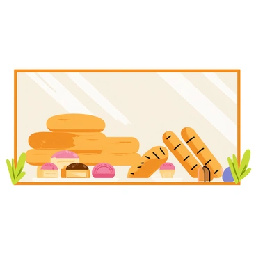 A bakery window display featuring a large rectangular glass window. Inside, there are various types of freshly baked bread stacked neatly, including round loaves, baguettes, and artisanal crusty breads. Colorful pastries, such as croissants, danishes, and eclairs, are arranged appealingly on white plates. The window frame is painted in a warm, inviting shade of brown, and there are small decorative plants on either side of the display to enhance the inviting atmosphere. Light shines through the glass, highlighting the golden crusts of the bread and the glossy finishes of the pastries.