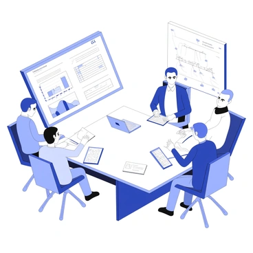 A team is conducting due diligence in an office environment. There are multiple individuals seated around a large conference table, reviewing various documents. One person is holding a stack of papers, while another is typing on a laptop. Charts and graphs are visible on a large screen at the front of the room. The table is cluttered with open folders and notepads. A whiteboard in the background has notes and diagrams written on it, further illustrating their focused analysis. The atmosphere is serious and concentrated, with each member engaged in their tasks.