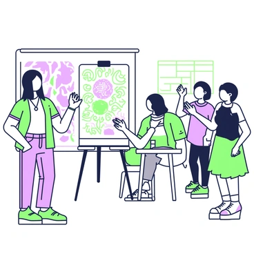 A student is standing confidently in front of a classroom, presenting their final illustration project. The student has medium-length hair, wearing a casual shirt and jeans. In front of them is a large easel displaying a vibrant illustration filled with intricate details. The classroom is filled with fellow students and a teacher, all actively engaged in the presentation. Some classmates are raising their hands while others are clapping enthusiastically. The focus is on the student and the artwork on display, conveying a sense of achievement and excitement in the air.