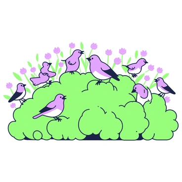 A variety of birds are perched on a lush, green hedge in a spring garden. Each bird is distinct, showcasing different sizes and shapes, with some having vibrant plumage. The hedge is dense, filled with leaves of varying shades and textures. The background is adorned with blooming flowers, their petals adding to the lively atmosphere. Some birds are facing each other, while others are looking outward, all appearing to sing joyfully. The scene is infused with the freshness of spring, filled with life and activity.