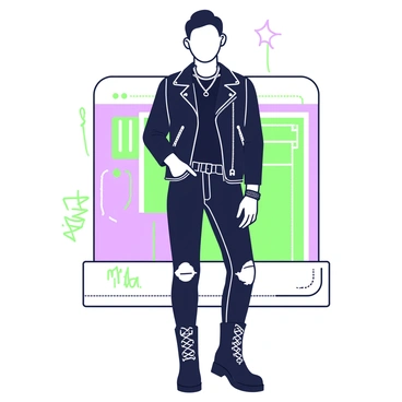 A person is standing confidently in an urban environment. They are wearing a black leather jacket with multiple zippers and studs, complementing their outfit. The individual has a fitted black t-shirt underneath and dark jeans that slightly taper at the ankles. On their feet, there are sturdy biker boots with metal buckles reflecting light. The person's hair is styled in a contemporary cut, and they have accessories like a silver chain necklace and a bracelet. In the background, graffiti adds to the edgy atmosphere of the scene.