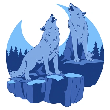 Two grey wolves are standing side by side on a rocky cliff edge, their fur ruffled by the wind. They are howling together in unison, their mouths open wide, revealing sharp teeth. The moon is full and bright in the night sky behind them, casting a silvery glow on their fur. Below the cliff, a dense forest can be seen, silhouetted against the moonlight. The scene captures the connection and strength between the two wolves as they communicate their presence to the world.