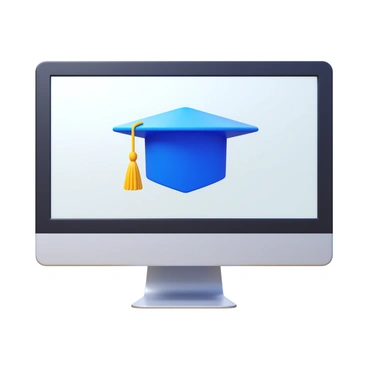A computer screen displaying a "virtual graduation cap" icon. The icon should be designed in a simple, clear style, highlighting the graduation cap's traditional features such as the tassel and the flat top. The screen itself can have a sleek design, with a modern aesthetic, and should be set against a light background to emphasize the icon. The overall composition should focus on the screen and the graduation cap icon, ensuring that both elements are prominent and visually engaging.