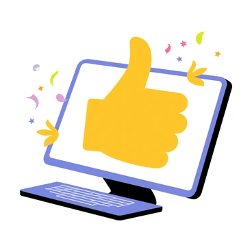 A computer screen showing a large "thumbs-up" emoji in vibrant yellow color. Multicolored confetti is scattered around the screen, floating in various shapes like circles and stars. The computer has a sleek black frame, and the keyboard is visible beneath the screen.