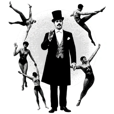 A vintage circus poster features a tall, well-dressed ringmaster in a tailcoat with a top hat, standing confidently in the center. He has a mustache and is gesturing with one hand. Surrounding him are several acrobats in dynamic poses, showcasing their athleticism. One acrobat is performing a handstand on a balancing beam, while another is mid-air, captured in the act of a flip. The background has striped patterns reminiscent of a circus tent. Each character exhibits unique costumes that convey a lively and energetic atmosphere.