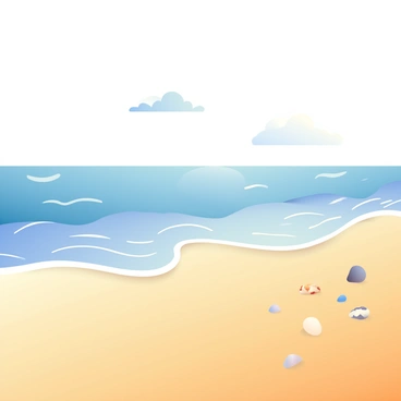 A stretch of golden sand extends across the foreground, with soft, fine grains glistening in the sunlight. The gentle ocean waves are lapping at the shore, creating a smooth rhythm as they roll in and recede, leaving a delicate froth on the sand. In the background, the shimmering blue water of the ocean meets the horizon, reflecting a clear sky. Shells and small pebbles are scattered along the beach, adding texture to the sandy landscape. A few wispy clouds drift lazily overhead, enhancing the peaceful atmosphere of the tranquil scene.