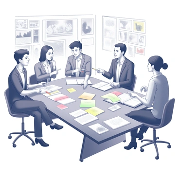 A group of three illustrators and two authors is seated around a large table. The table is covered with numerous storyboards, sketches, and colorful papers. Each individual is actively engaged in discussion, pointing at various sections of the storyboards. One illustrator is holding a pencil, making adjustments to a drawing, while another is flipping through a book filled with ideas. The authors have notes and open notebooks in front of them, and one is gesturing animatedly as they explain a character’s development. A wall behind them is adorned with pinned illustrations and concept art. The atmosphere conveys a sense of collaboration and creative energy.