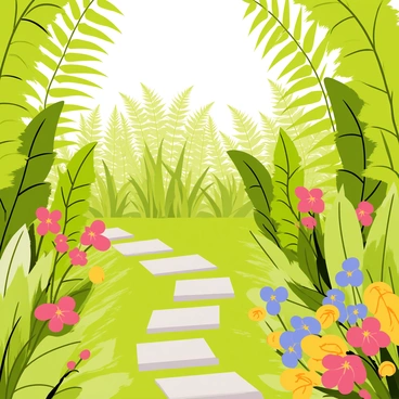 A vibrant garden filled with various types of ferns, each displaying distinct green shades and textures. Brightly colored flowers bloom throughout the garden, with hues of red, yellow, and blue. The flowers are surrounded by lush green leaves, adding depth to the scene. Sunlight filters through the leaves, casting playful shadows on the ground. A small stone pathway winds through the garden, guiding the viewer's eye through the rich tapestry of plants.